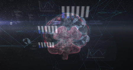 Image of brain and data processing over digital screen. global connections, data processing and...
