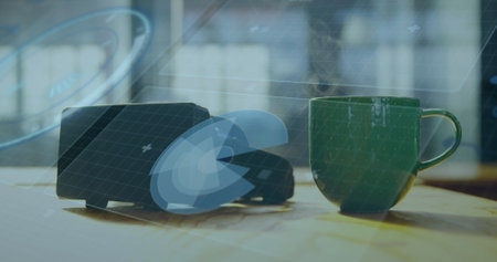 Image of scopes scanning over office desk. global connections, data processing and digital interface...