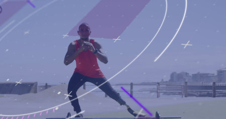 Image of scope and processing data over male athlete with running blade exercising outdoors. sport,...