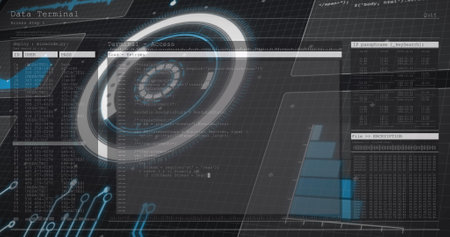 Image of scopes scanning over grid. global connections, data processing and digital interface...