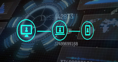 Image of scope scanning, data processing and network of connections over grid. global connections, data processing and digital interface concept digitally generated image.の写真素材