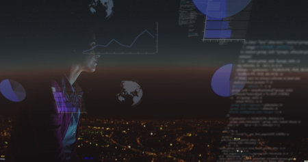 Image of data processing over night city. global connections, data processing and digital interface...