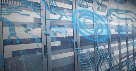Image of scope scanning over computer servers. global connections, data processing and digital...