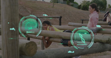 Image of science data processing over diverse women at obstacle course running. Global sport,...