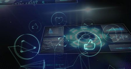 Image of icons and scopes scanning over digital screen. global connections, data processing and...