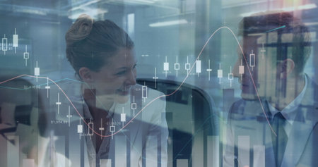 Image of statistic processing over business people. global business, data processing and digital...