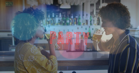 Image of party text over happy diverse friends talking and drinking beer. social media and...