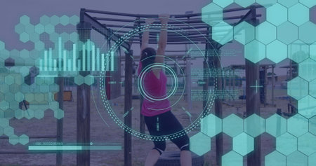 Image of data processing over diverse women at obstacle course hanging. Global sport, health,...