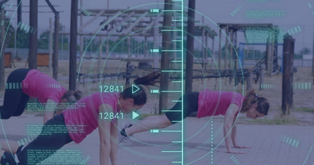 Image of data processing over diverse women at obstacle course exercising. Global sport, health,...