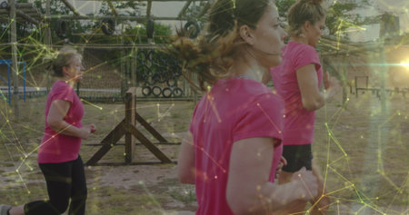 Image of shapes over diverse women at obstacle course running. Global sport, health, fitness and...