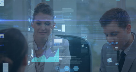 Image of statistic processing over business people. global business, data processing and digital...