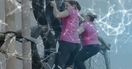 Image of shapes over diverse women at obstacle course climbing. Global sport, health, fitness and...