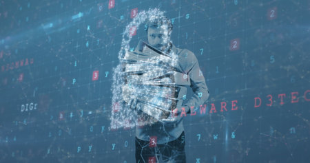 Image of digital interface with icons and data processing. Global computer network technology...