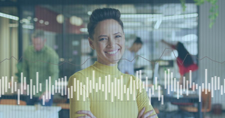 Image of data processing over diverse business people in office. Global business and digital...