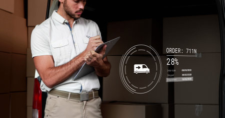 Image of icons with data processing over caucasian delivery man taking notes. Global delivery,...