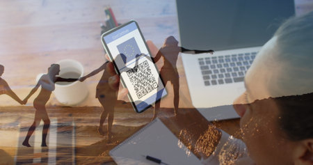Image of woman holding smartphone with covid 19 vaccination passport over people on the beach....