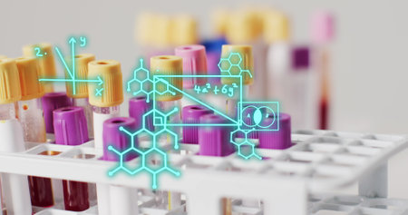 Image of chemical structures over test tubes. Global medicine and digital interface concept...