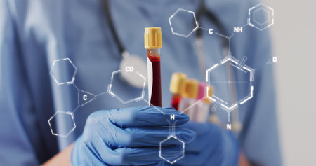 Image of chemical structures over biracial female doctor with test tubes. Global medicine and...