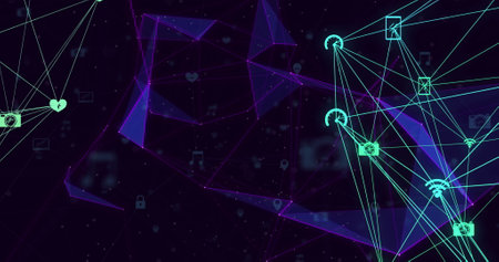 Digital image of globe of digital icons spinning against plexus networks on black background....