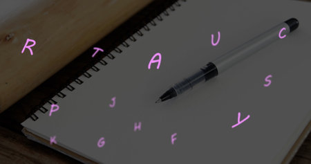 Image of letters over notebook and pen. global science, technology and digital interface concept...