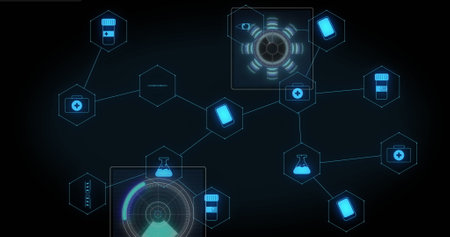 Image of medical icons with data processing on black background. Global medicine and digital...