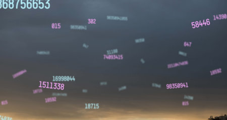 Image of numbers over cityscape. global science, technology and digital interface concept digitally generated image.の写真素材