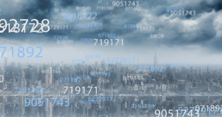 Image of scientific data processing over cityscape. global science, technology and digital interface...