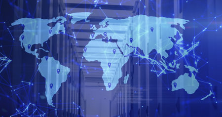 Image of world map over servers. Global network, connections, communication and technology concept...