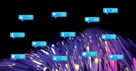 Image of social media reactions over pink and blue lights on black background. Social media,...