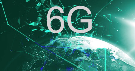 Image of 6g text over globe and cityscape on green background. global networks, connections and...