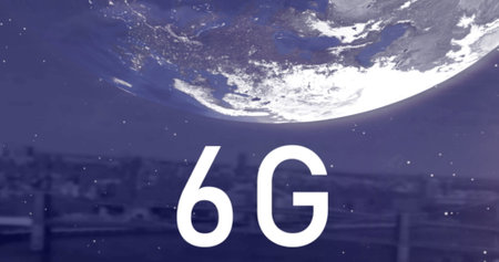 Image of 6g text over globe and cityscape on purple background. global networks, connections and...