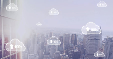 Image of white clouds with arrows and percent growing over cityscape background. global networks, connections and technology concept digitally generated image.の写真素材