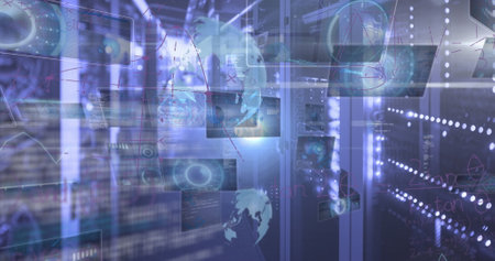 Image of scopes on screens, mathematical equations and data processing over computer servers. Global...