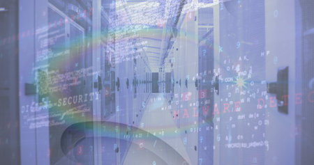 Image of data processing over tech room with computer servers. global technology, connection and...