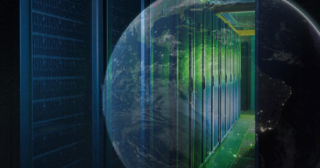 Image of a globe against computer server room. Global networking and business data storage...