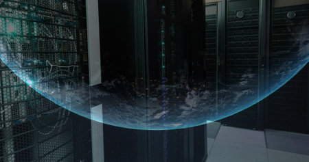 Image of a globe against computer server room. Global networking and business data storage...