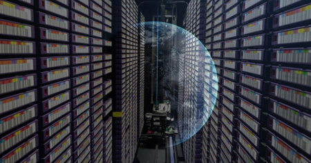Image of a globe against computer server room. Global networking and business data storage technology conceptの写真素材