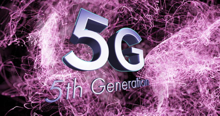 Digital image of 5g text against digital waves on black background. global networking and connection conceptの写真素材
