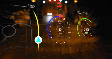 Image of interface with charging battery icon and speedometer over road. energy, power and fuel...
