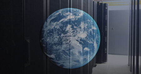 Image of a globe against computer server room. Global networking and business data storage...