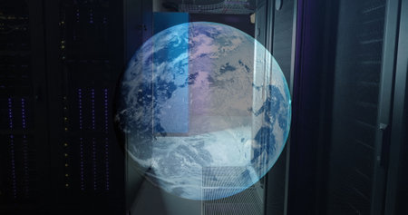 Image of a globe against computer server room. Global networking and business data storage...