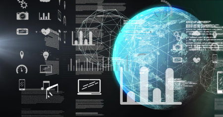 Image of graphs, data, connections and globe on black background. Global network, data,...