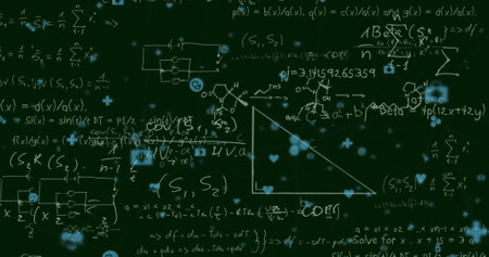 Image of icons over mathematical equations on black background. Global connections and digital...