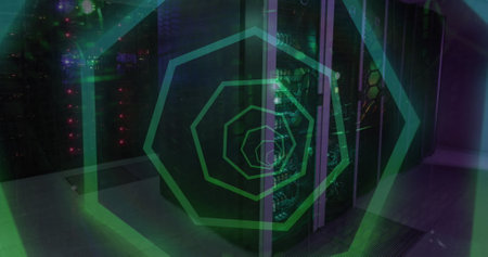 Image of shapes over server room. Global sport, technology and digital interface concept digitally...