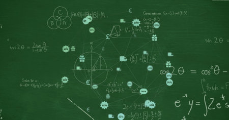 Image of network of connections with icons over mathematical equations on green background. Global connections and digital interface concept digitally generated image.の写真素材