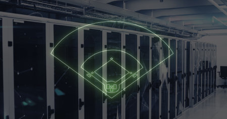 Image of neon stadium over server room. Global sport, technology and digital interface concept...