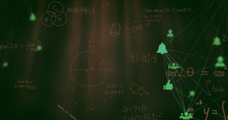 Image of network of connections with icons over mathematical equations on black background. Global...