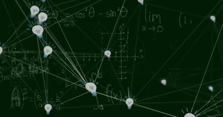 Image of network of connections with icons over mathematical equations on black background. Global...