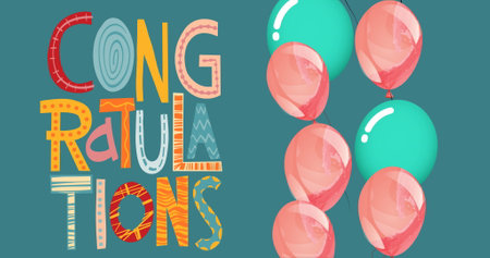 Image of congratulations text over colorful balloons on green background. Celebration and party...