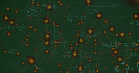 Image of network of connections with icons over mathematical equations on green background. Global...